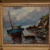Oil on canvas fishing boats 1950 by Y. Morin