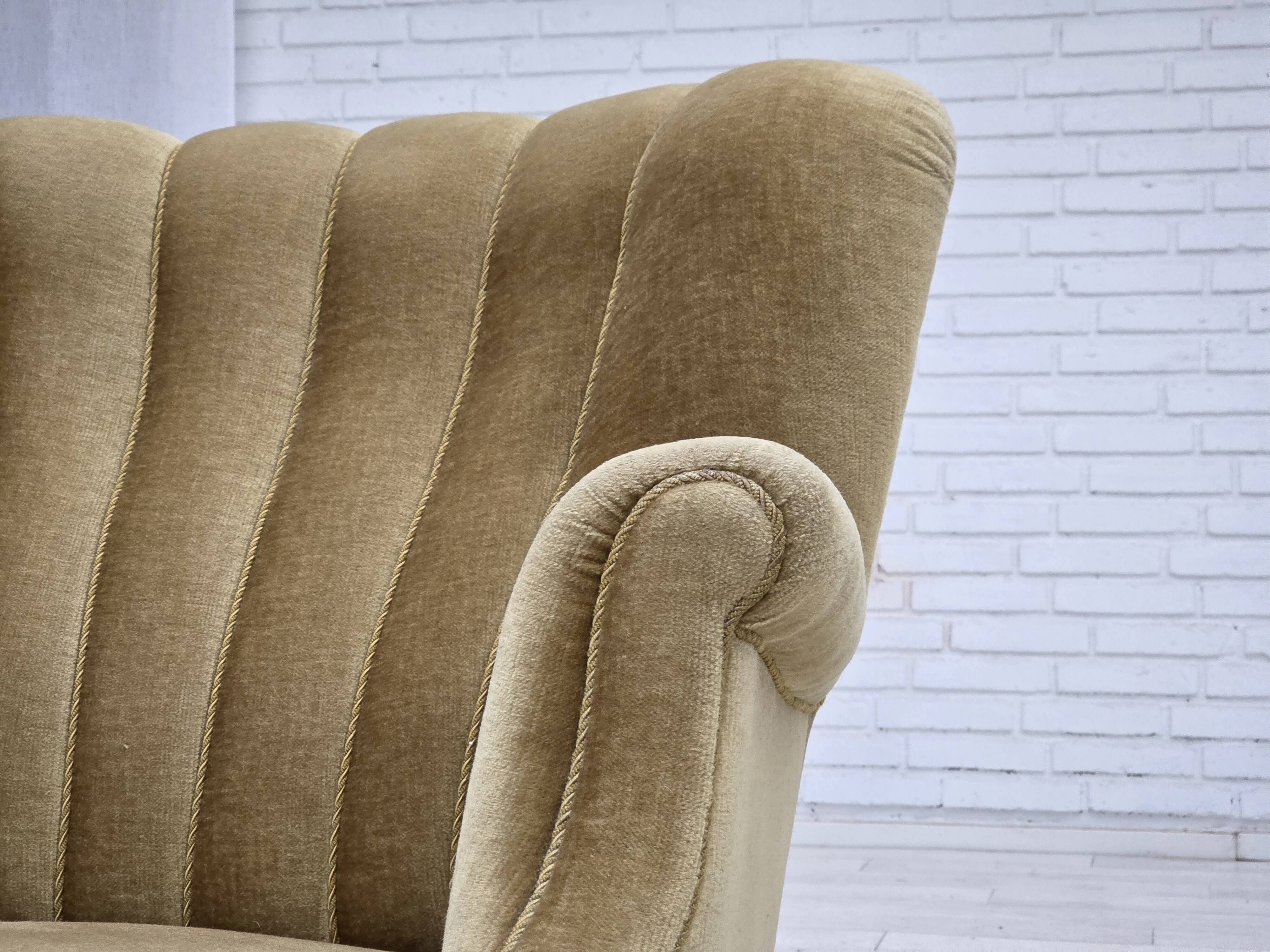 1960s, Danish armchair, green furniture velour, oak wood.