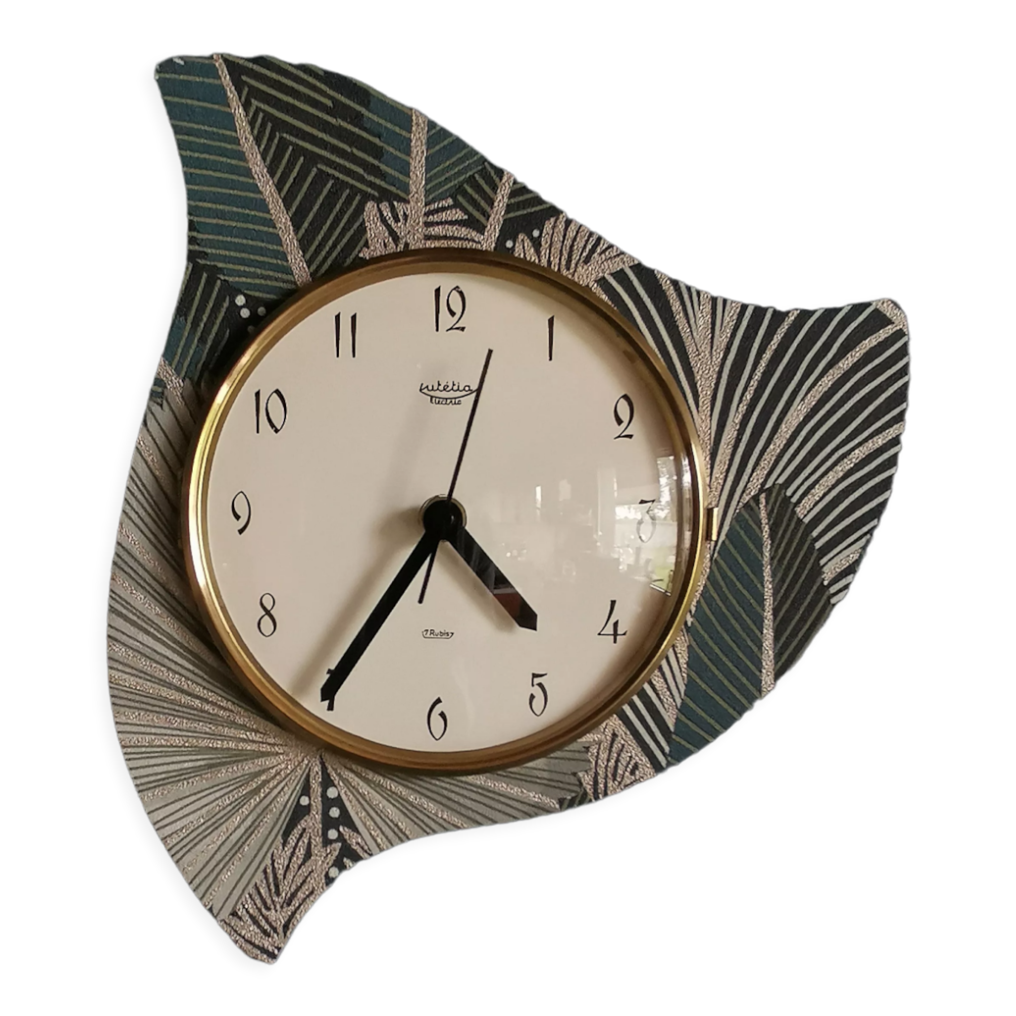 Vintage clock silent asymmetrical wall clock "Lutetia golden green"