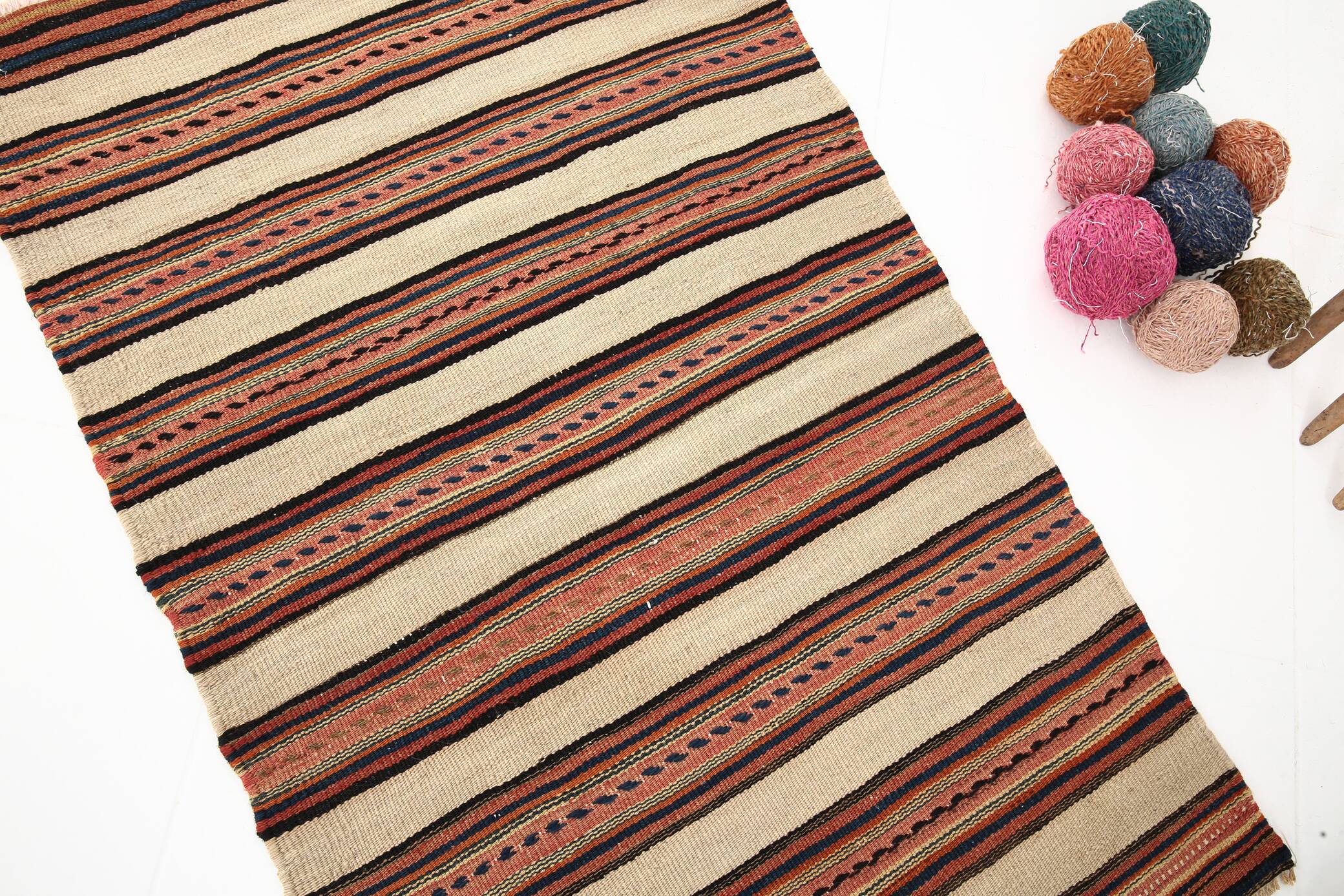 Red & Beige Striped Accent Vintage Kilim Rug, 64x104Cm
