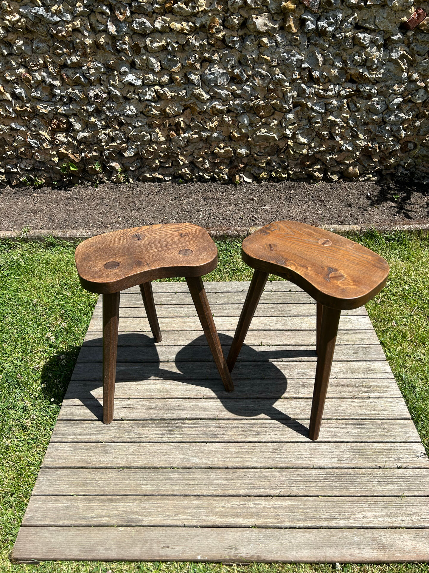 Pair of vintage farmhouse stools in solid oak