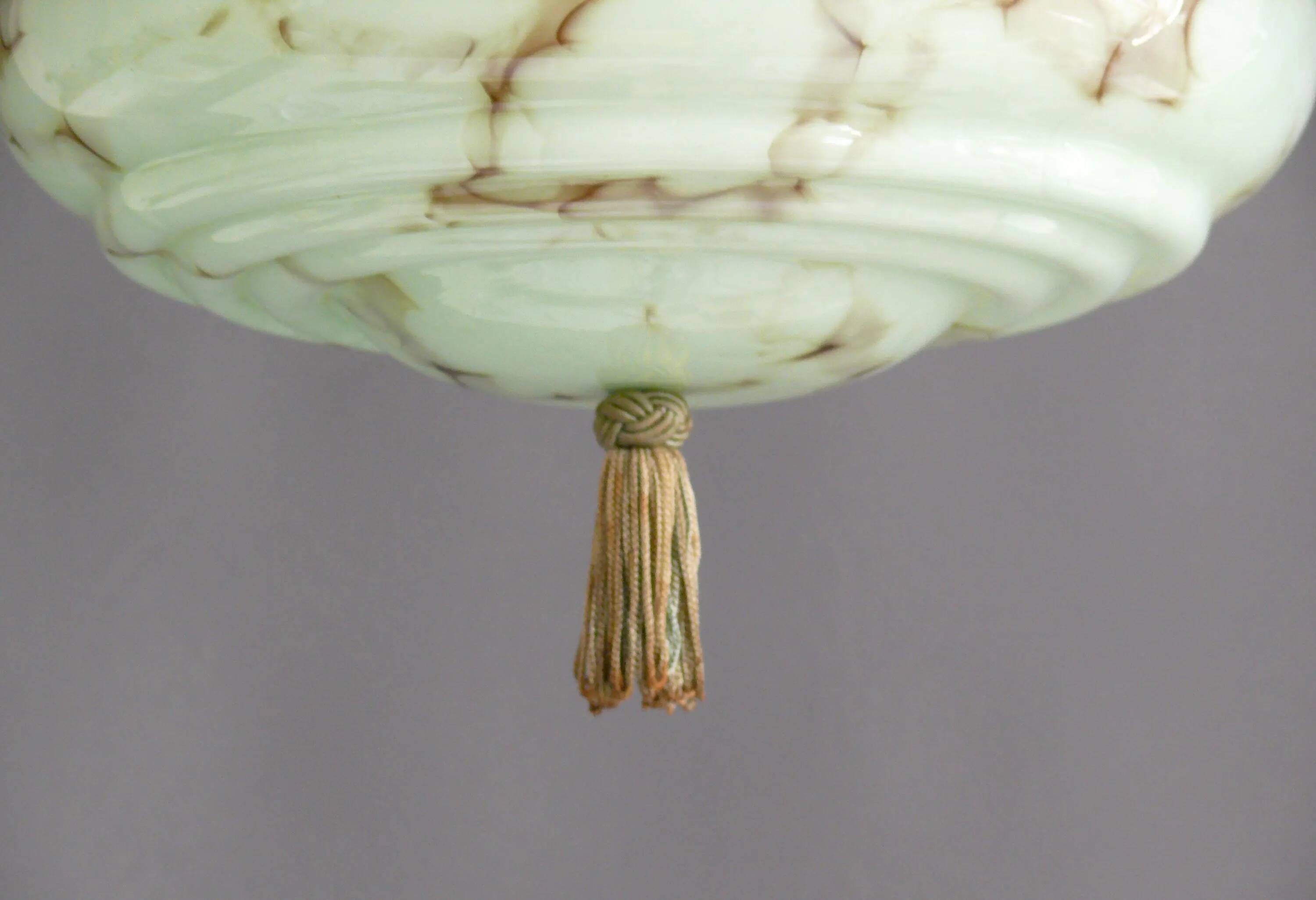 Art Deco Pendant Light with Twisted Stem, Marbled Effect, Metal and Brass - 1930s