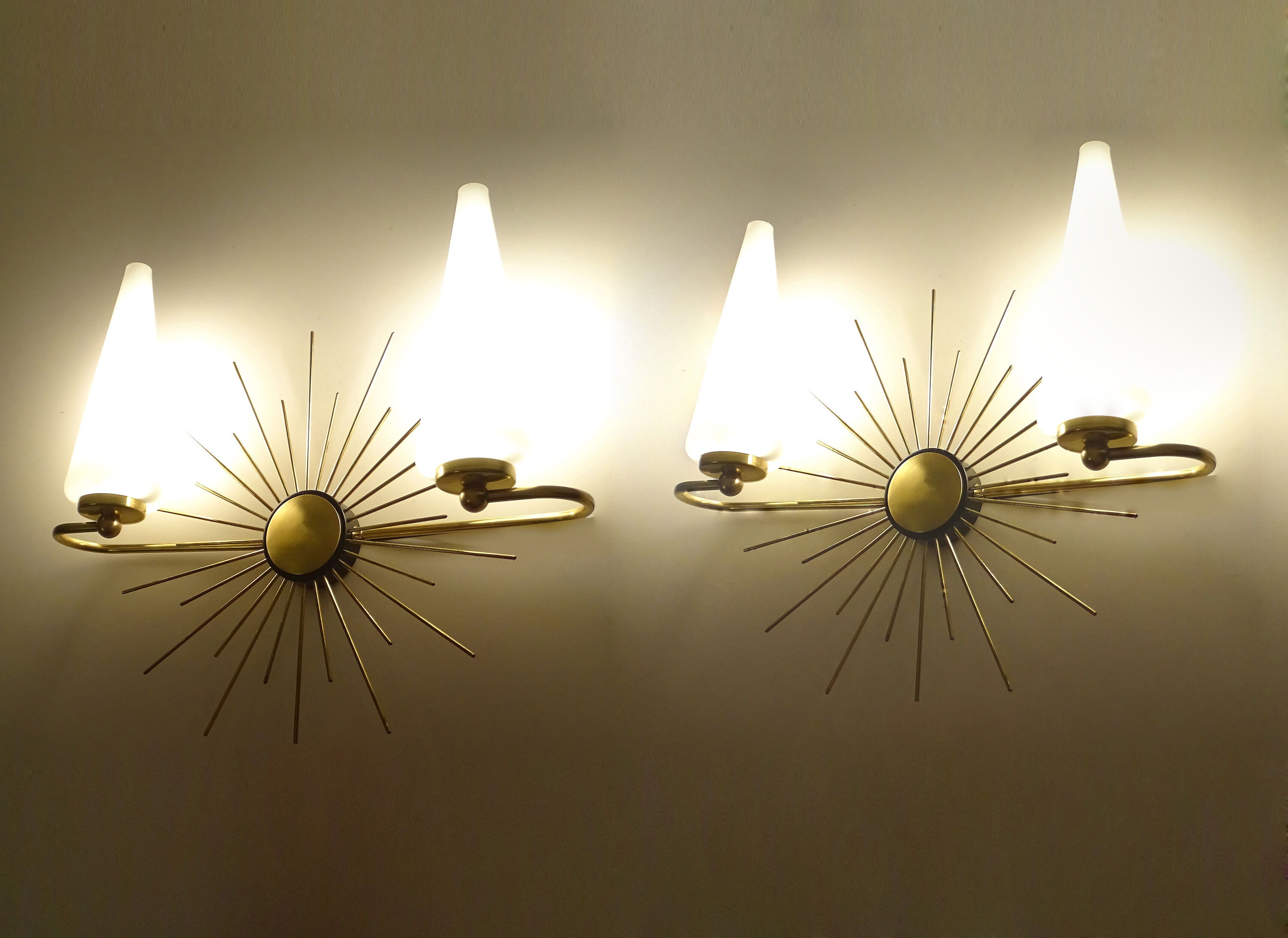 Pair of vintage sconces, sun, glass and brass, 60s