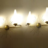 Pair of vintage sconces, sun, glass and brass, 60s