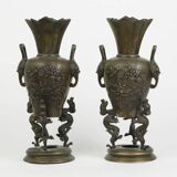 Indochina around 1900 pair of tripod vases with two bronze handles
