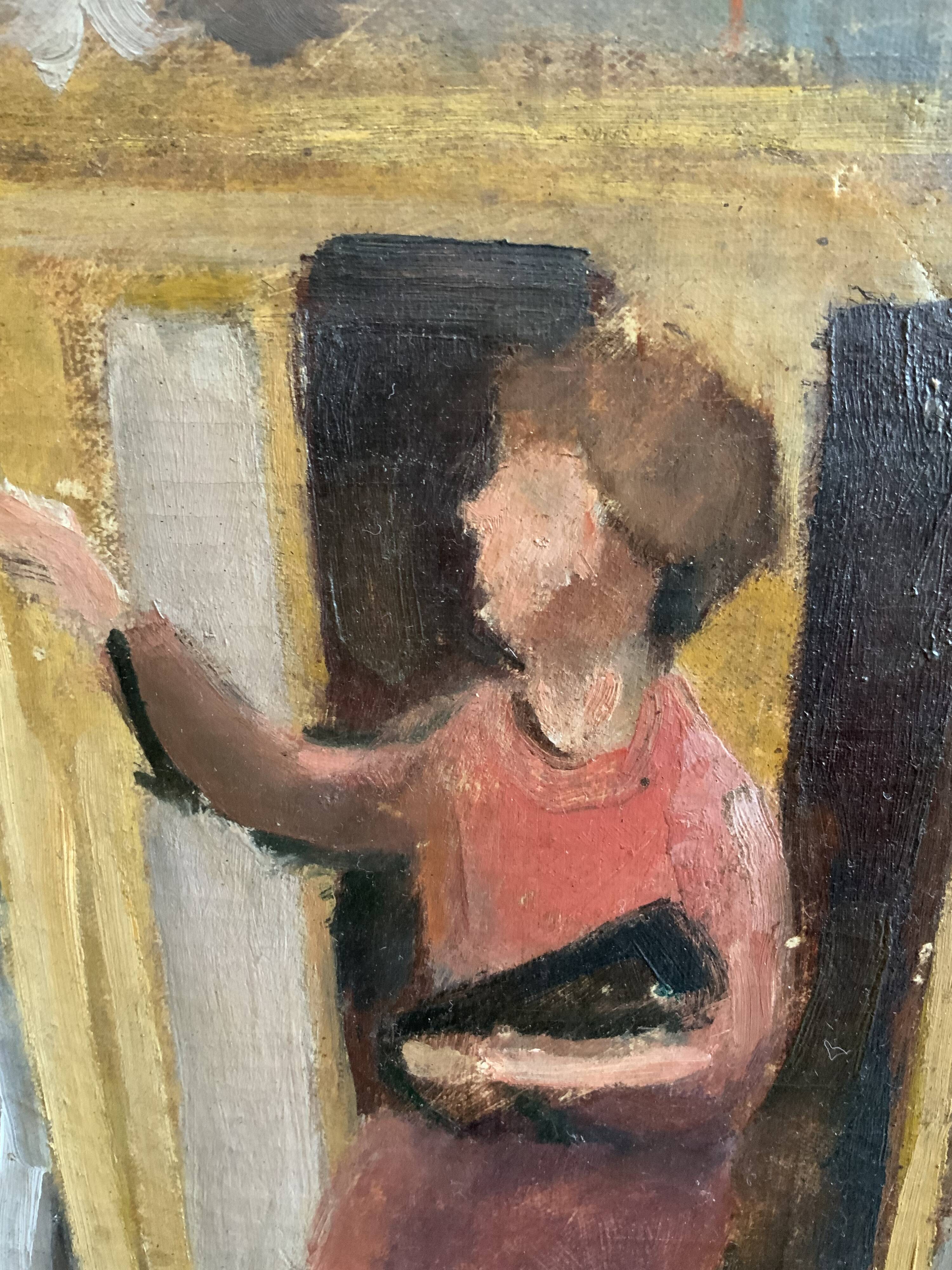 Vintage Oil On Canvas Interior with Woman Signed By Artist W.S., circa 1950s