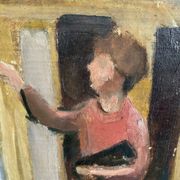 Vintage Oil On Canvas Interior with Woman Signed By Artist W.S., circa 1950s