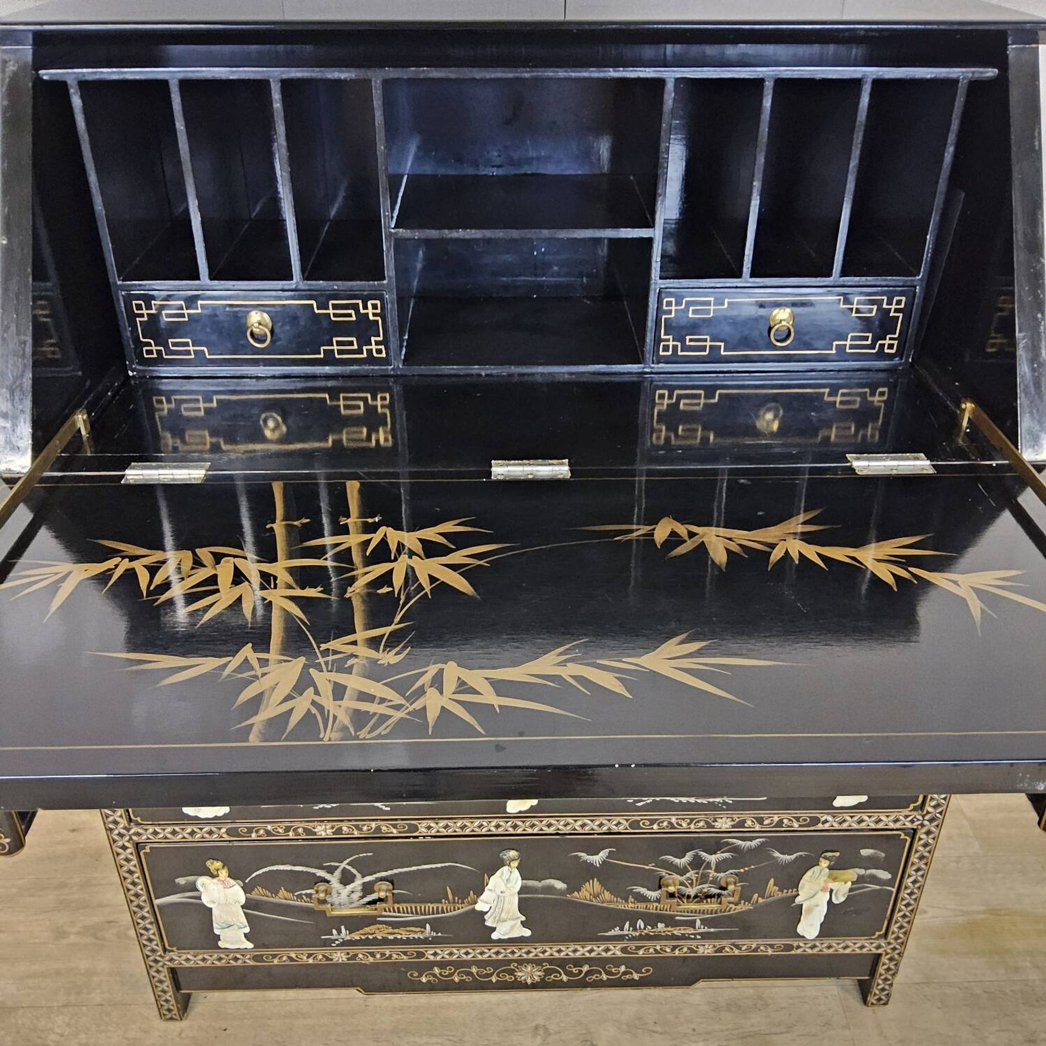 Vintage Chinese lacquer secretary desk with mother-of-pearl