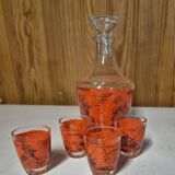 Decorated glass liqueur set, carafe and 4 glasses with asian scene