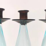 Ensemble postmoderne de trois bougeoirs en verre de Murano aigue-marine et marron, Italie