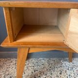 1950s wooden and rattan bedside table