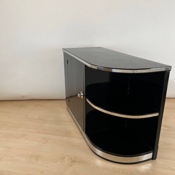 Basse de meuble laqué noir Art Déco avec accessoires en chrome, France, années 1930