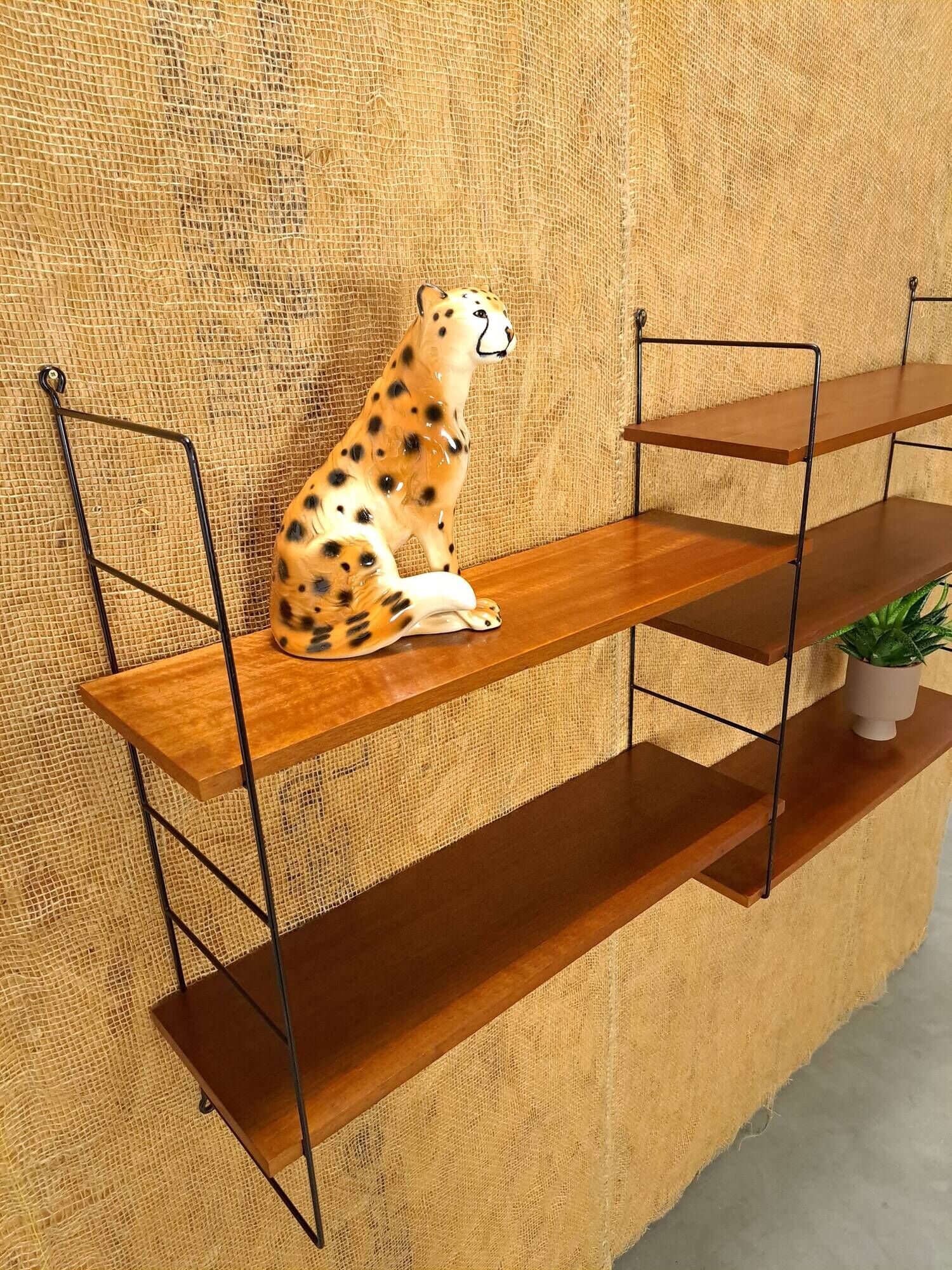 Wall rack with shelves and steel holders, dark wall system
