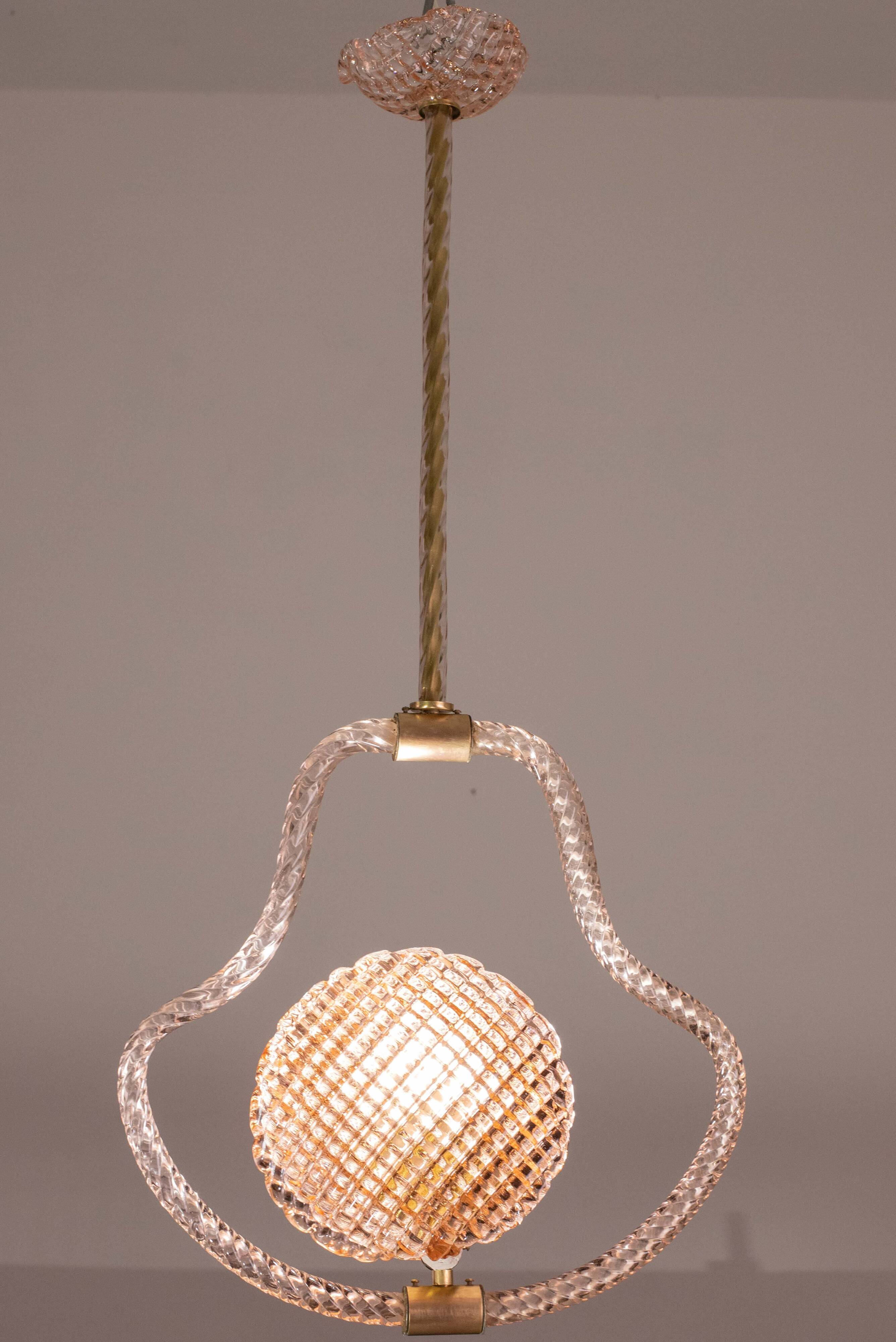 Lustre en verre de Murano rose coquillage du milieu du siècle par Barovier e Toso, années 1950