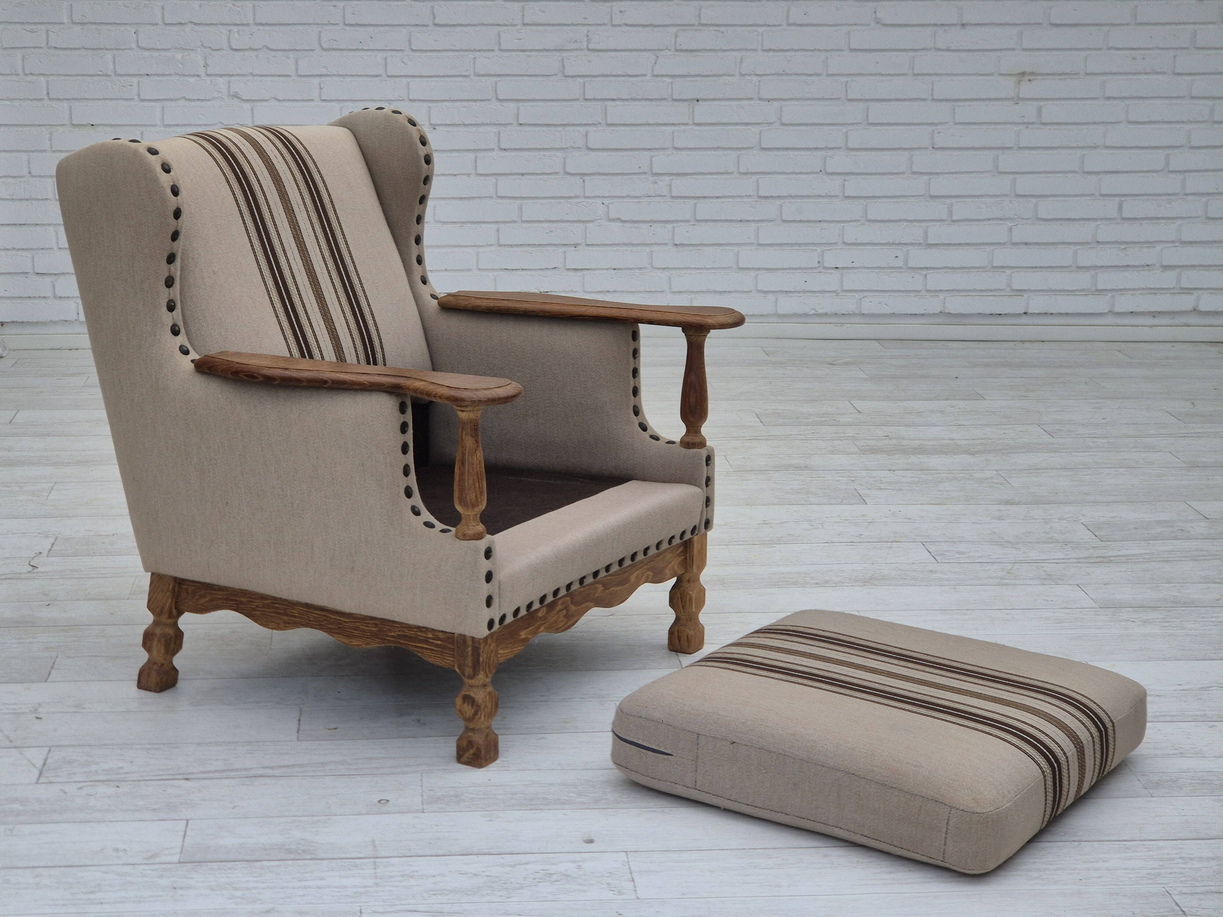 1970s, Danish armchair, furniture wool fabric, oak wood, original condition