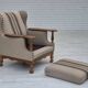Fauteuil danois des années 1970, tissu en laine d'ameublement, bois de chêne, état d'origine