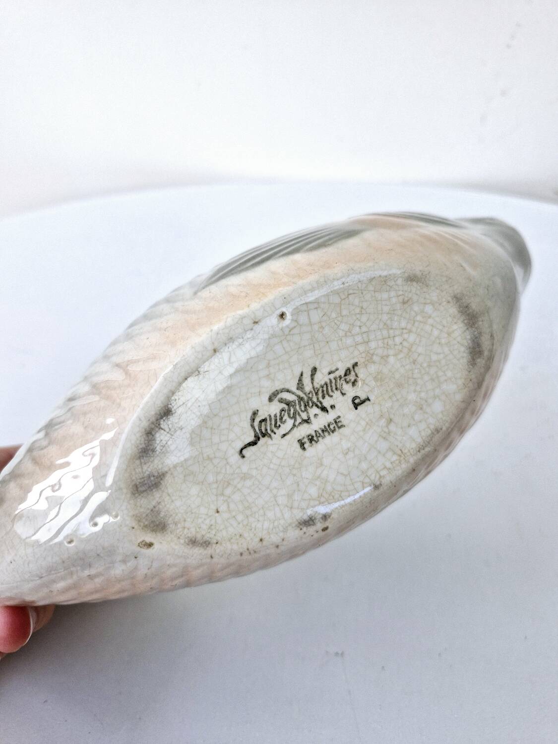 Gravy Boat With Handle Old Earthenware Ceramic Sarreguemines Salmon Fish Shape