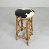 Bamboo bar stool with leatherette seat in cow print, 1950s