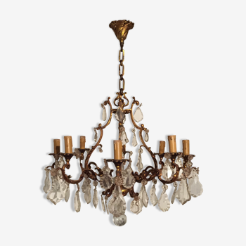 Lustre en bronze et cristal 1950