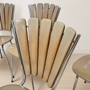Set of 6 vintage fan-back dining chairs with beige leatherette upholstery
