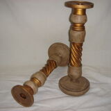 Pair of candlesticks golden wooden & taupe