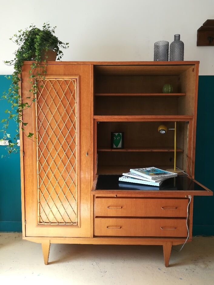 Vintage secretary furniture with rattan