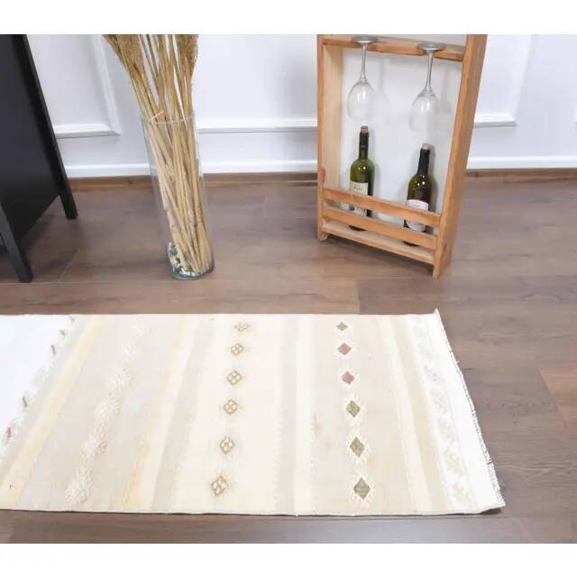 Vintage Turkish Oushak Handmade Wool Cotton White Kilim Runner Rug 58x236