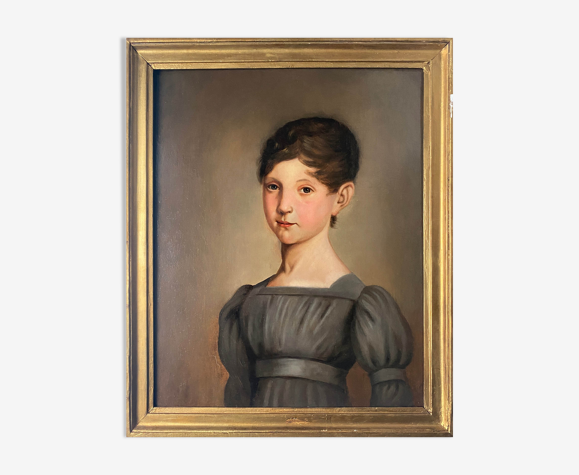 Tableau huile sur toile, XIXe siècle "Portrait de jeune fille à la robe"