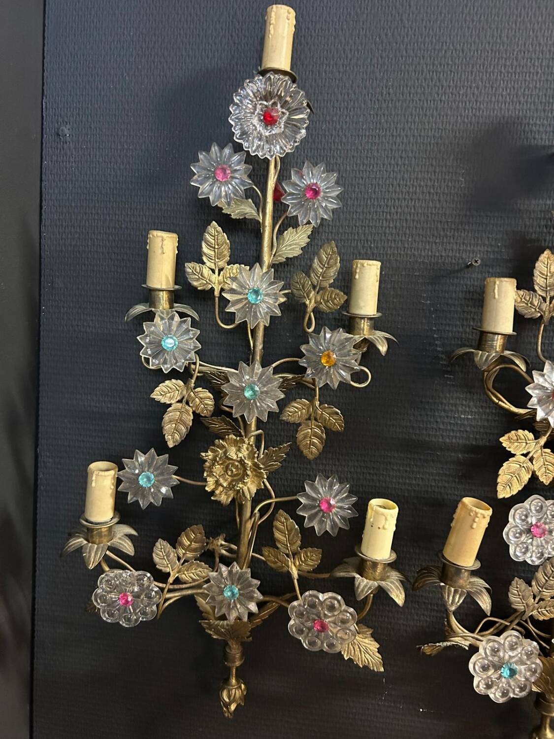 Important Pair of Church or Chapel Wall Lights in Gilded Brass and Glass, Late 19th Century, H 70 Cm