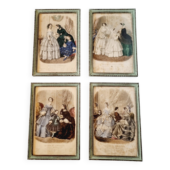 Lot de 4 tableaux avec gravures de mode originales de la fin du 19ème siècle