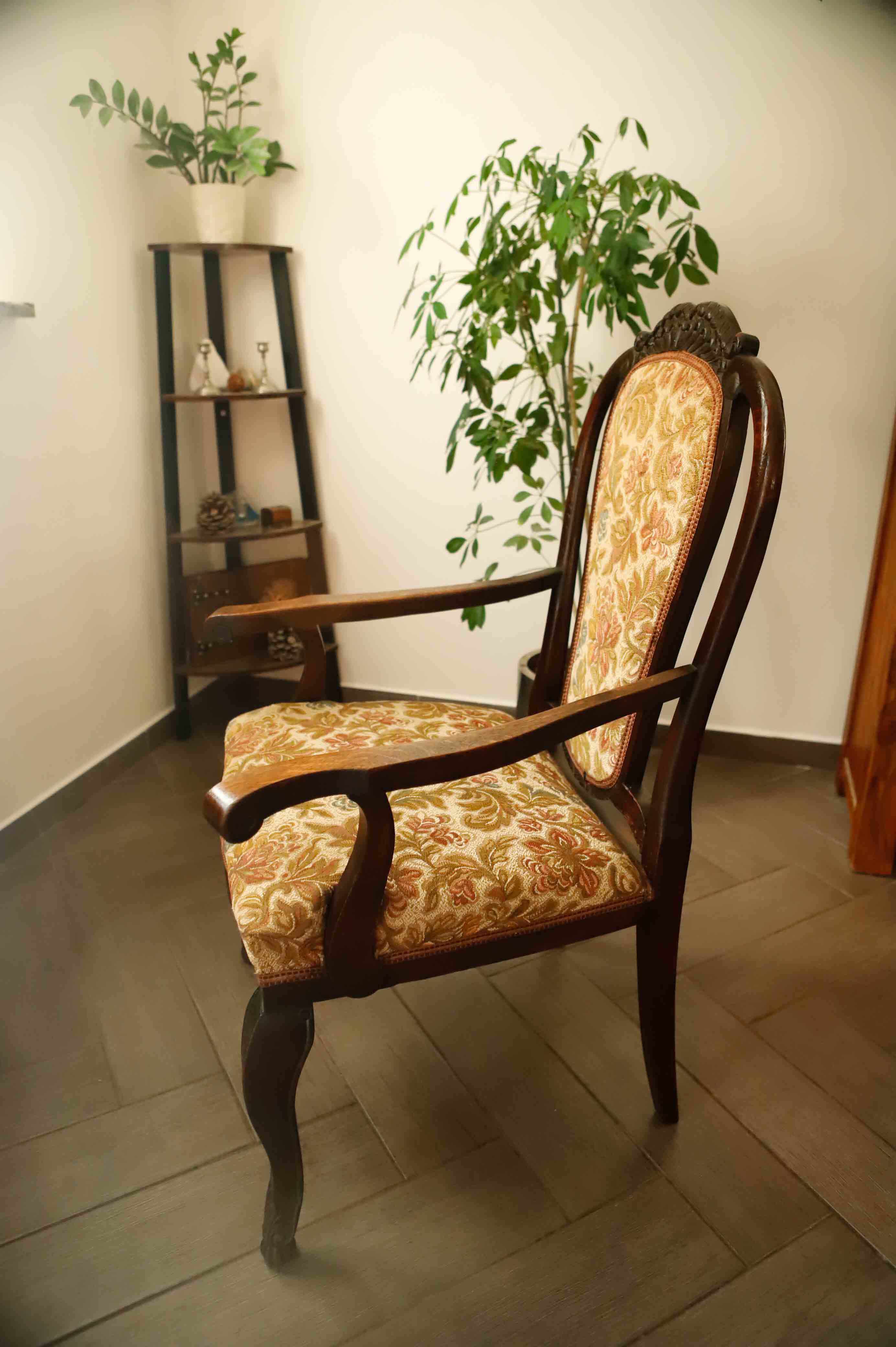 Antique Queen Anne Revival Carver Armchair with Floral Tapestry Upholstery
