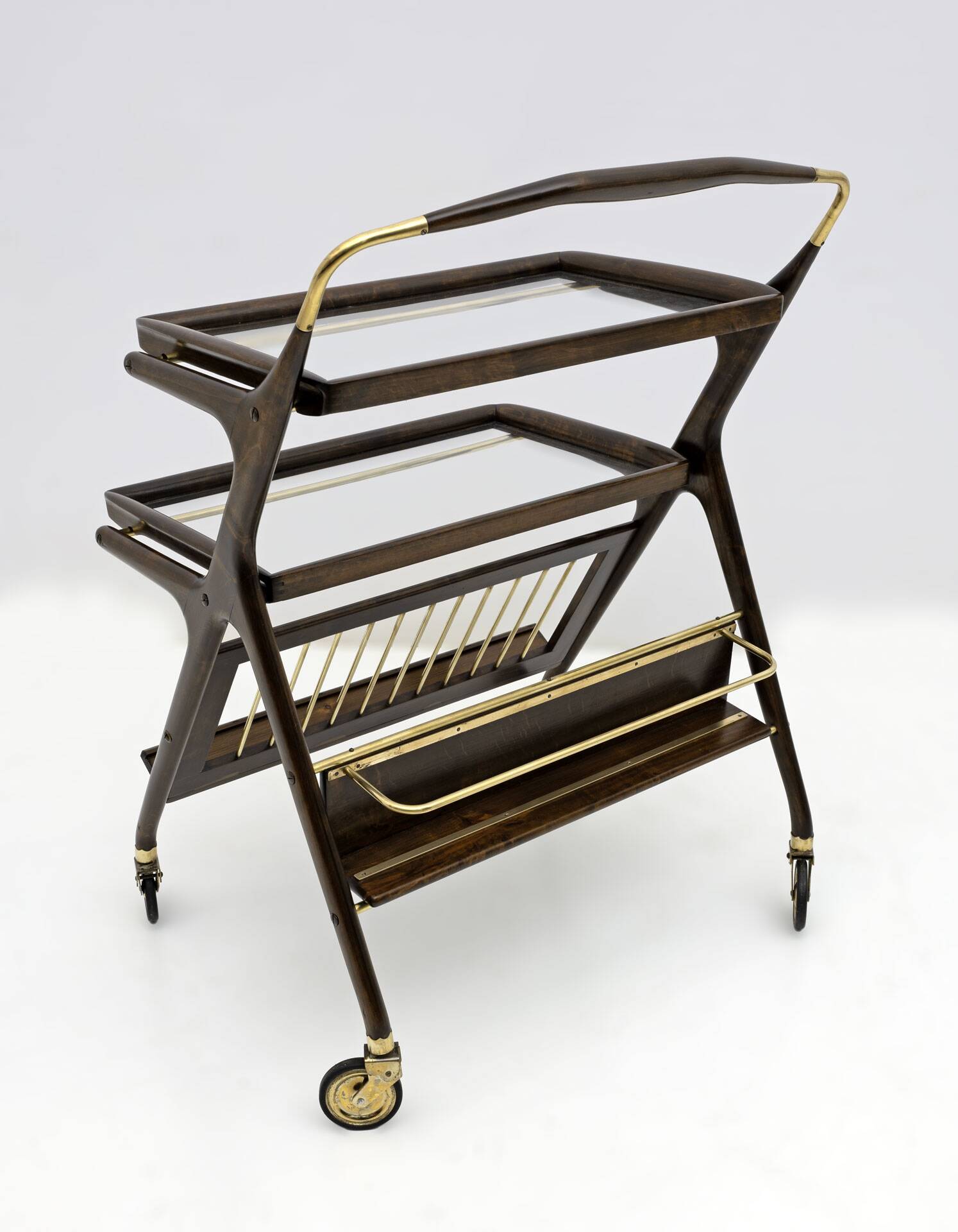 Cesare Lacca Mid-Century Modern Italian Walnut Brass Bar Cart by Cassina
