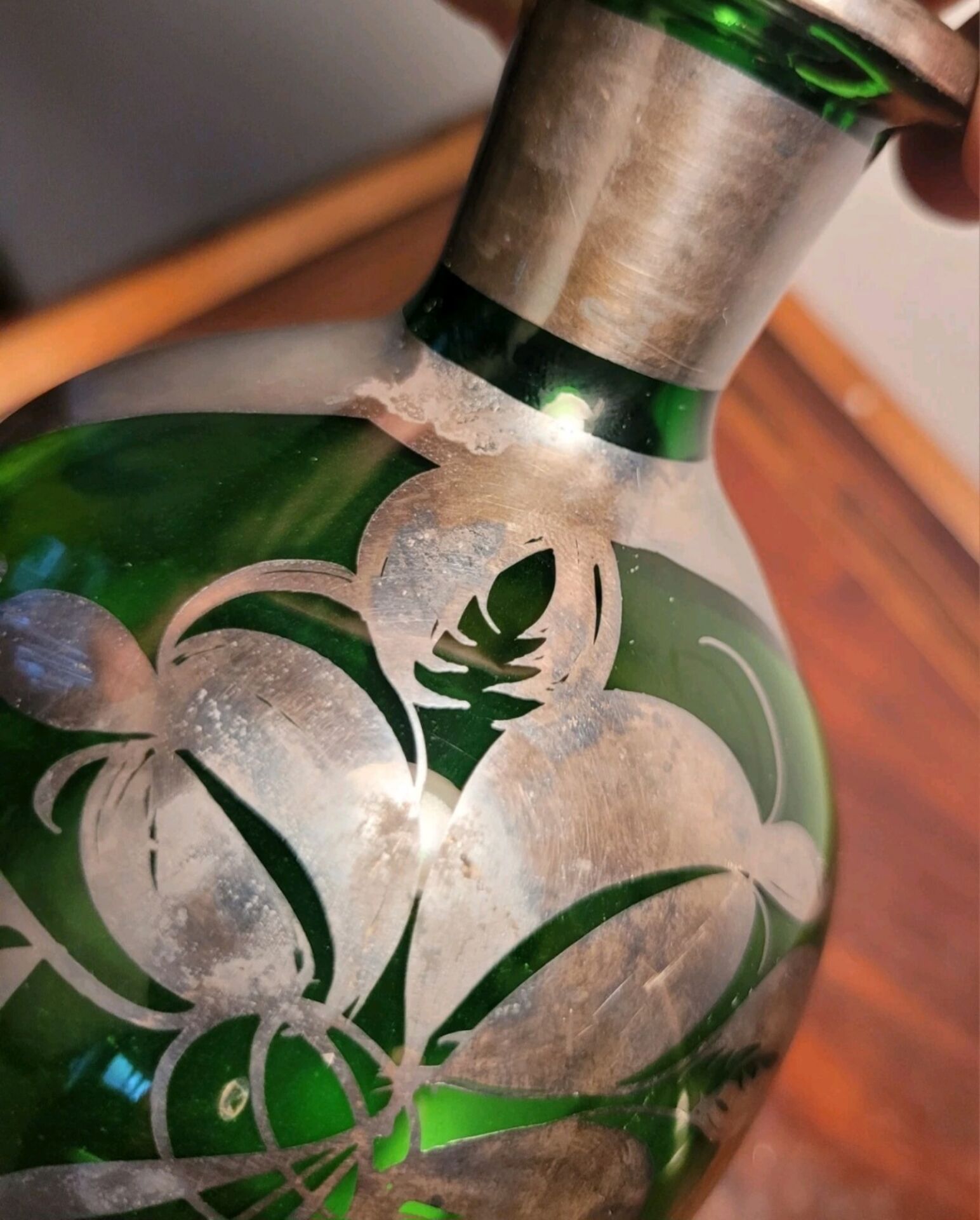 Murano glass alcohol bottle green & silver 1930s - 1940s.