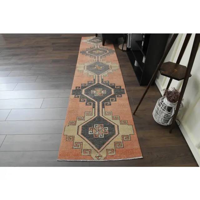 1970s Vintage Turkish Oushak Handmade Wool Cotton Orange Runner Rug 80X332