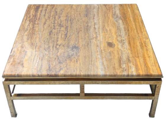 Table basse Guy Lefevre maison Jansen, laiton doré et travertin