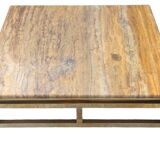 Table basse Guy Lefevre maison Jansen, laiton doré et travertin