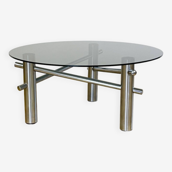 Round coffee table in chrome and smoked glass, 1970s