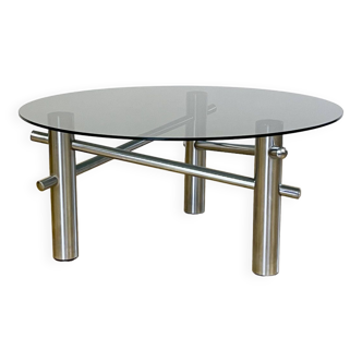 Table basse ronde en chrome et verre fumé, 1970s