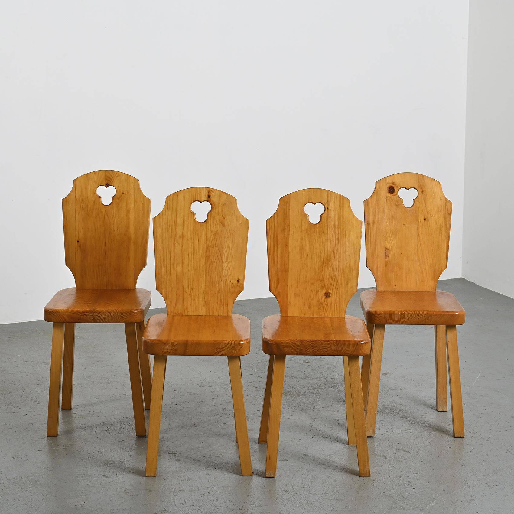 Set of six mountain-style wooden chairs, France, 1960