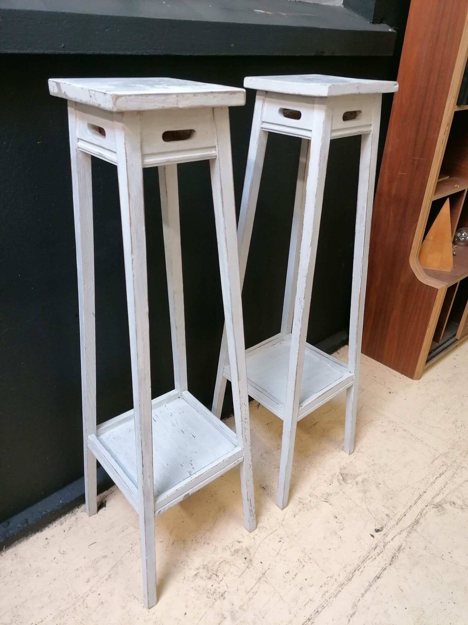 Pair of harnesses, pedestal table with plants, vintage wooden