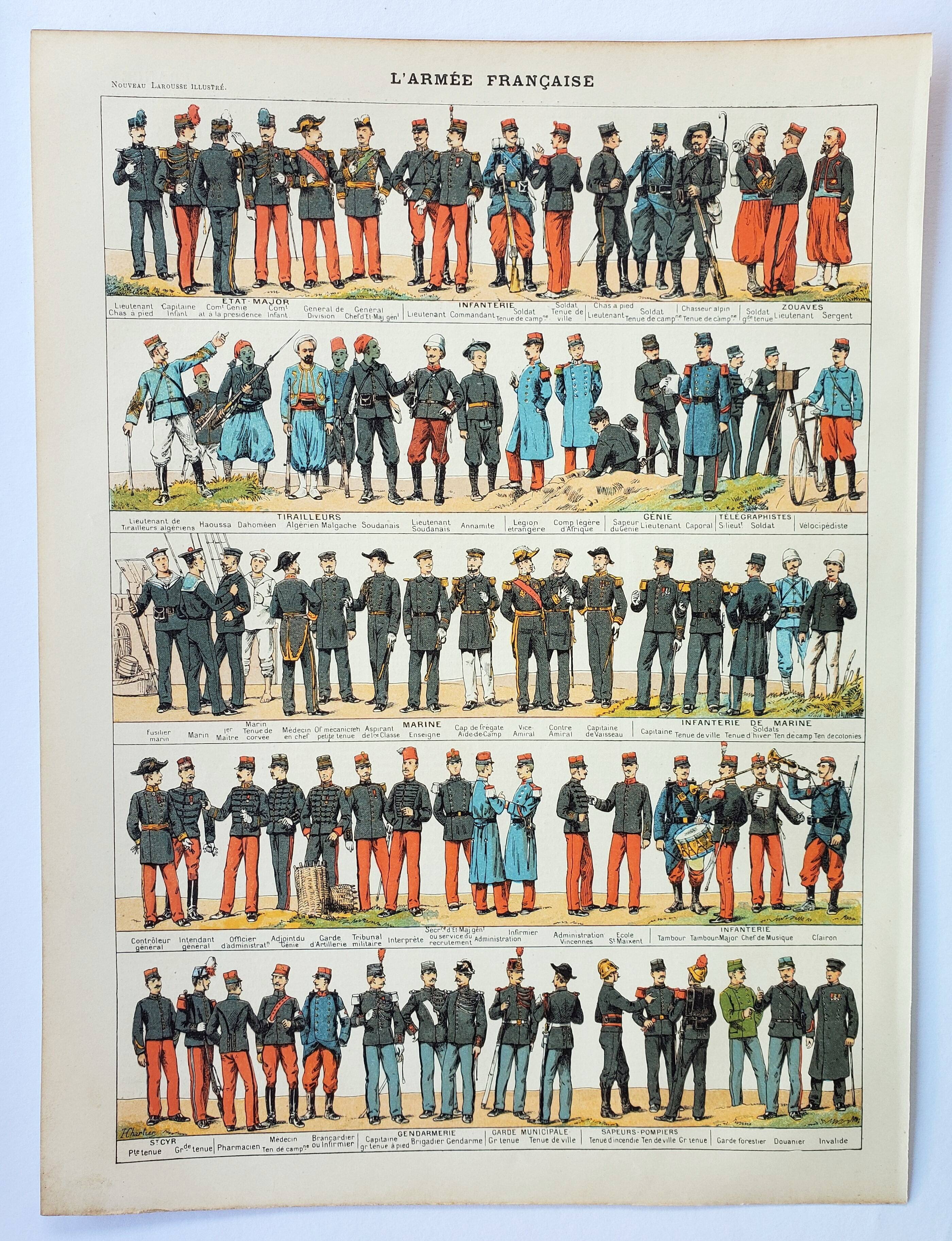 Old engraving 1898, French army uniforms (infantry) • Lithograph, Original plate