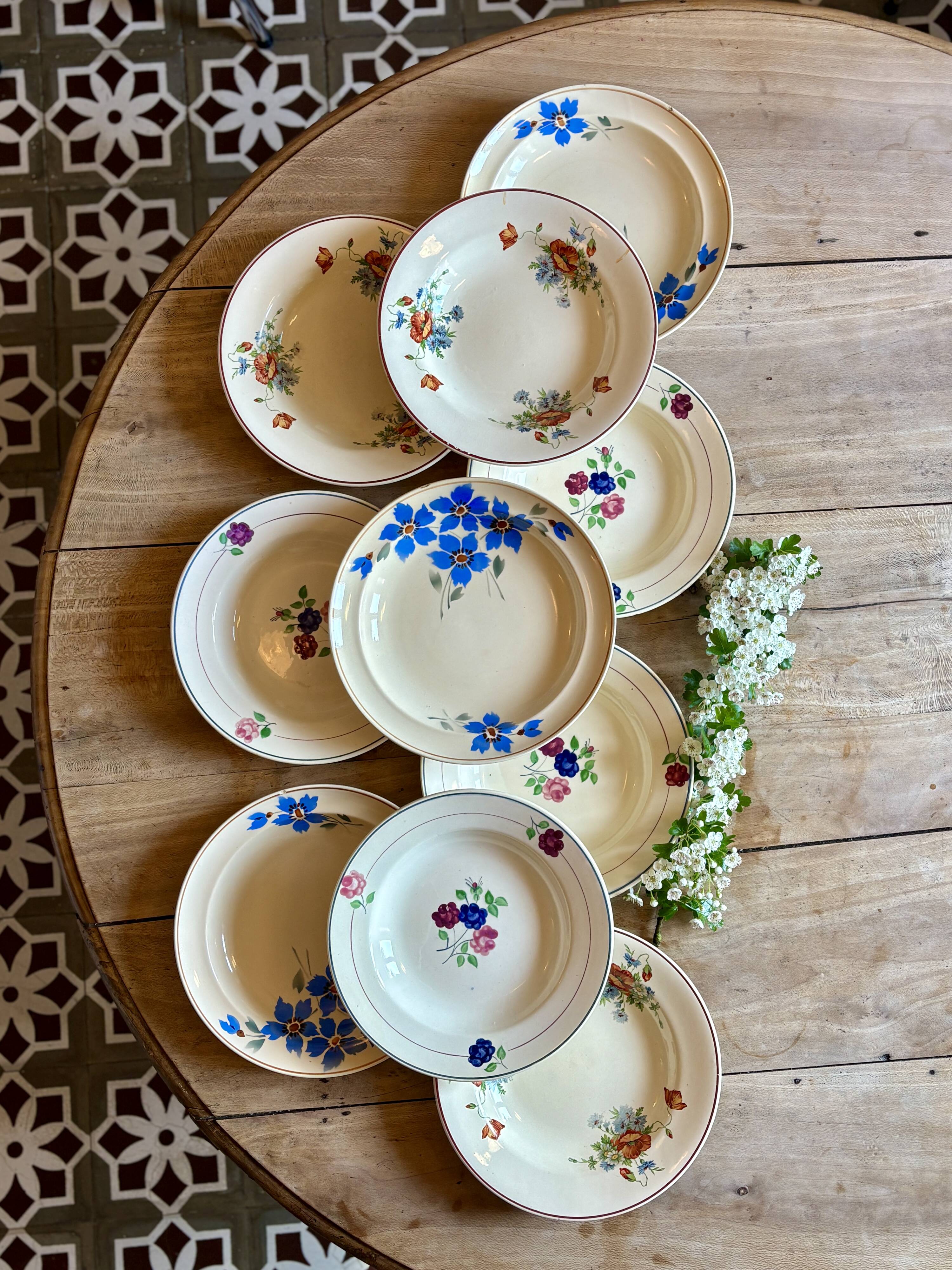 Set of 10 mismatched vintage soup plates