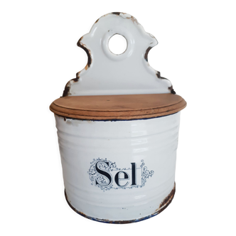 Wall salt box in enamel and wood vintage 30s