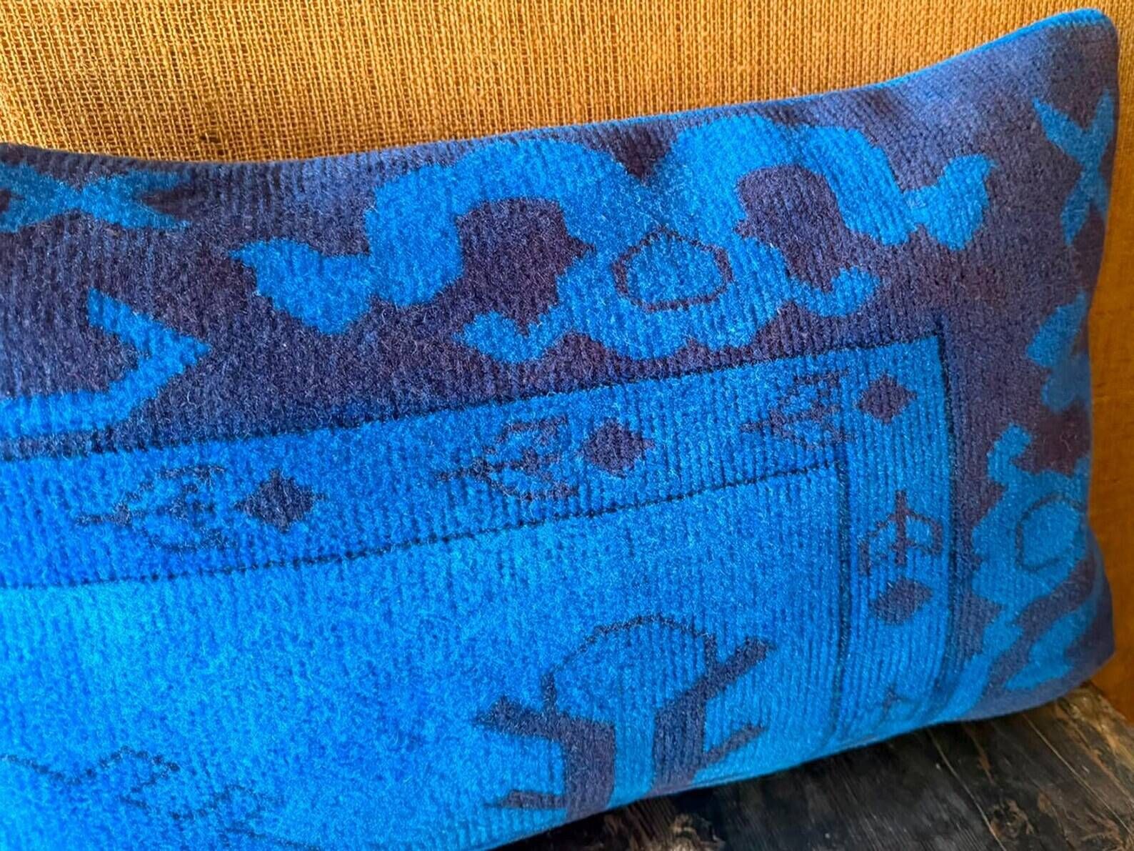 Electric Blue Vintage Turkish Rug Pillow, Hand-Stitched Wool Cushion