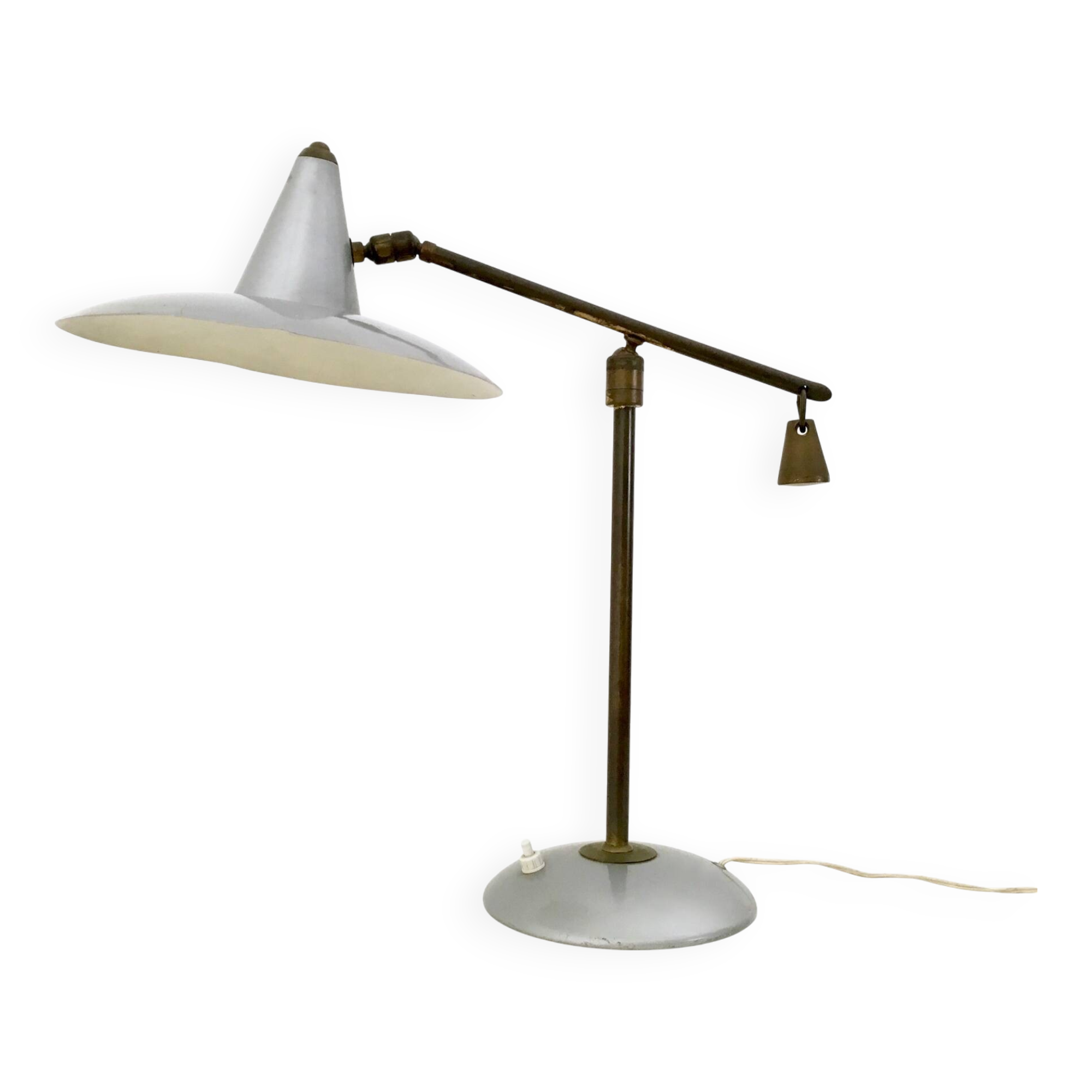 Vintage Brass and Silver Varnished Metal Desk Lamp, Italy