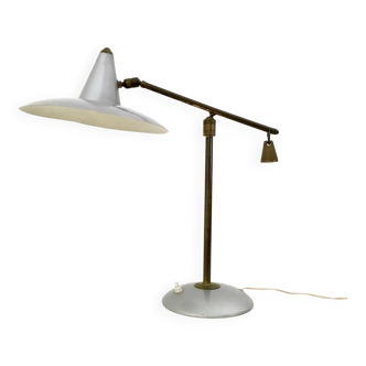 Lampe de bureau vintage en laiton et métal verni argenté, Italie