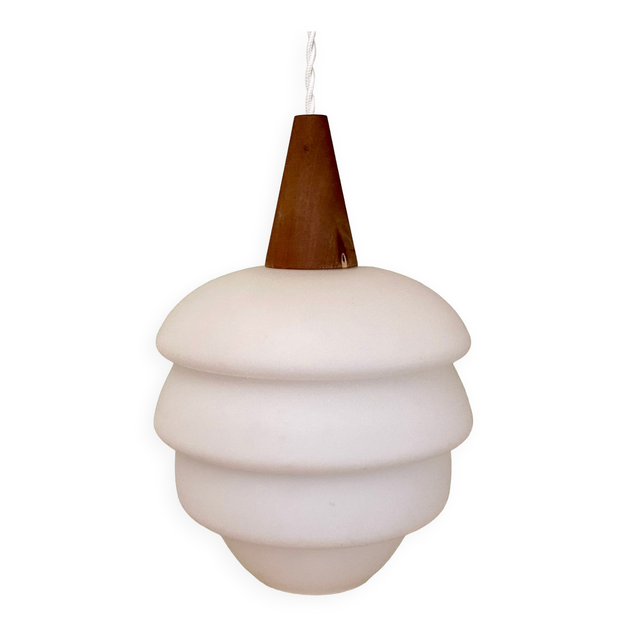 Vintage Scandinavian pendant lamp in teak and opaline
