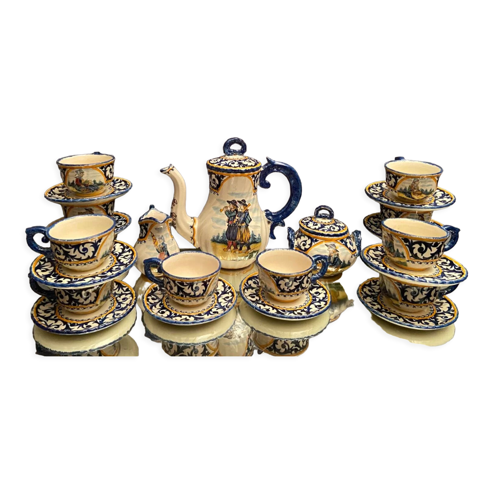 Tea service full coffee earthenware Quimper Henriot cups sugar bowl pot milk jar