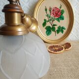 Pair of frosted glass flower pendant lights with vintage wood and brass
