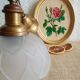 Pair of frosted glass flower pendant lights with vintage wood and brass